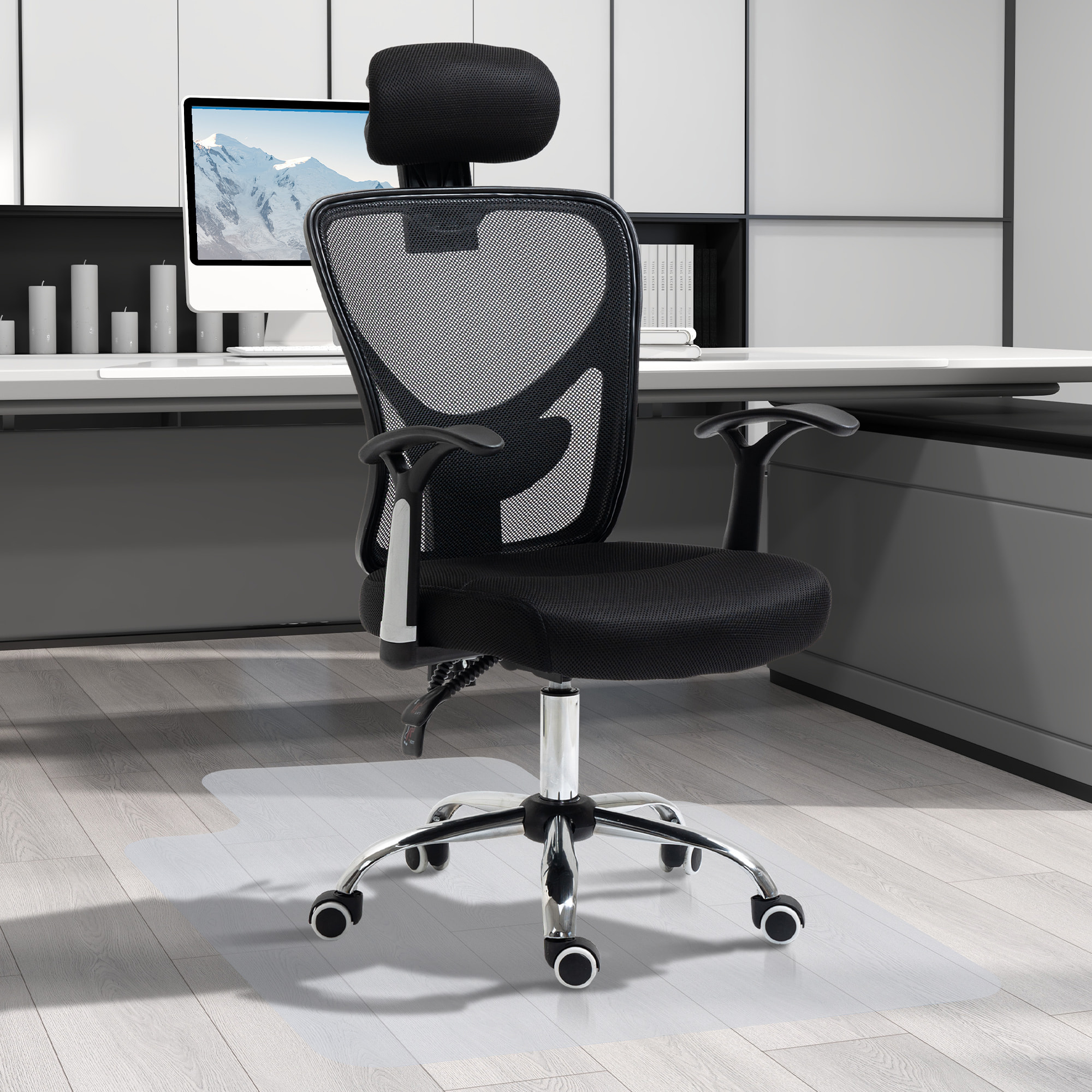 Conjunto de Oficina Incluye 1 Silla de Oficina Reclinable con Altura Ajustable 62x67x108-118 cm y 1 Alfombra Protectora de Suelo 90x120 cm Negro y Transparente