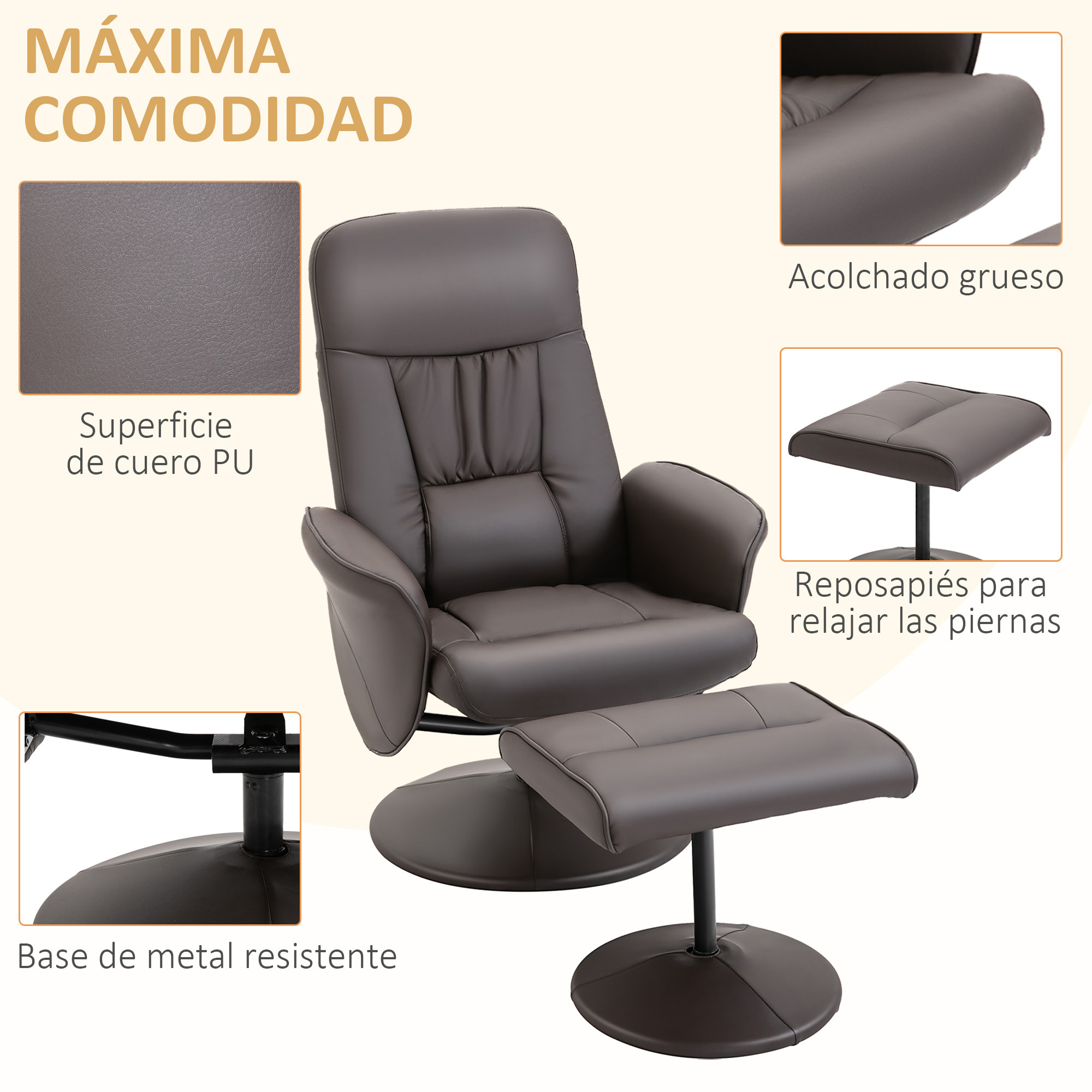 Sillón de Salón con Otomana Reposapiés Tapizado en PU Sillón Relax Reclinable hasta 145° y Giratorio 360° con Respaldo Ajustable para Salón Dormitorio Oficina 81x81x105 cm Marrón