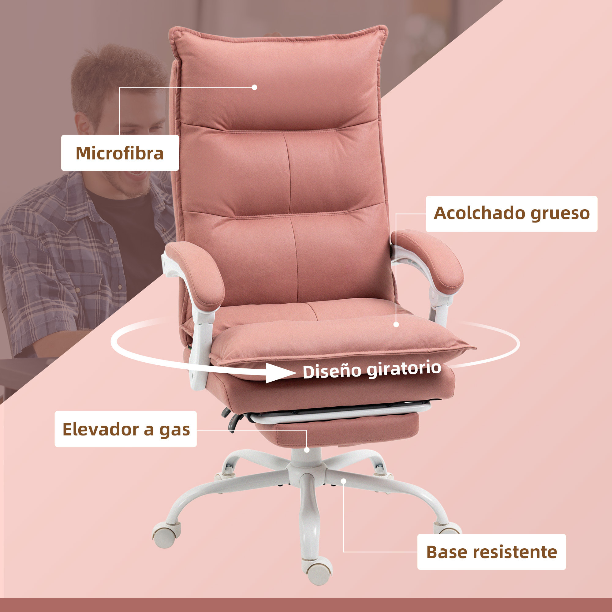 Silla de Masaje con 6 Puntos de Masaje y 5 Modos Silla de Escritorio Reclinable con Función de Calefacción Altura Ajustable Reposapiés y Ruedas para Estudio 66x74x114-121,5 cm Rosa