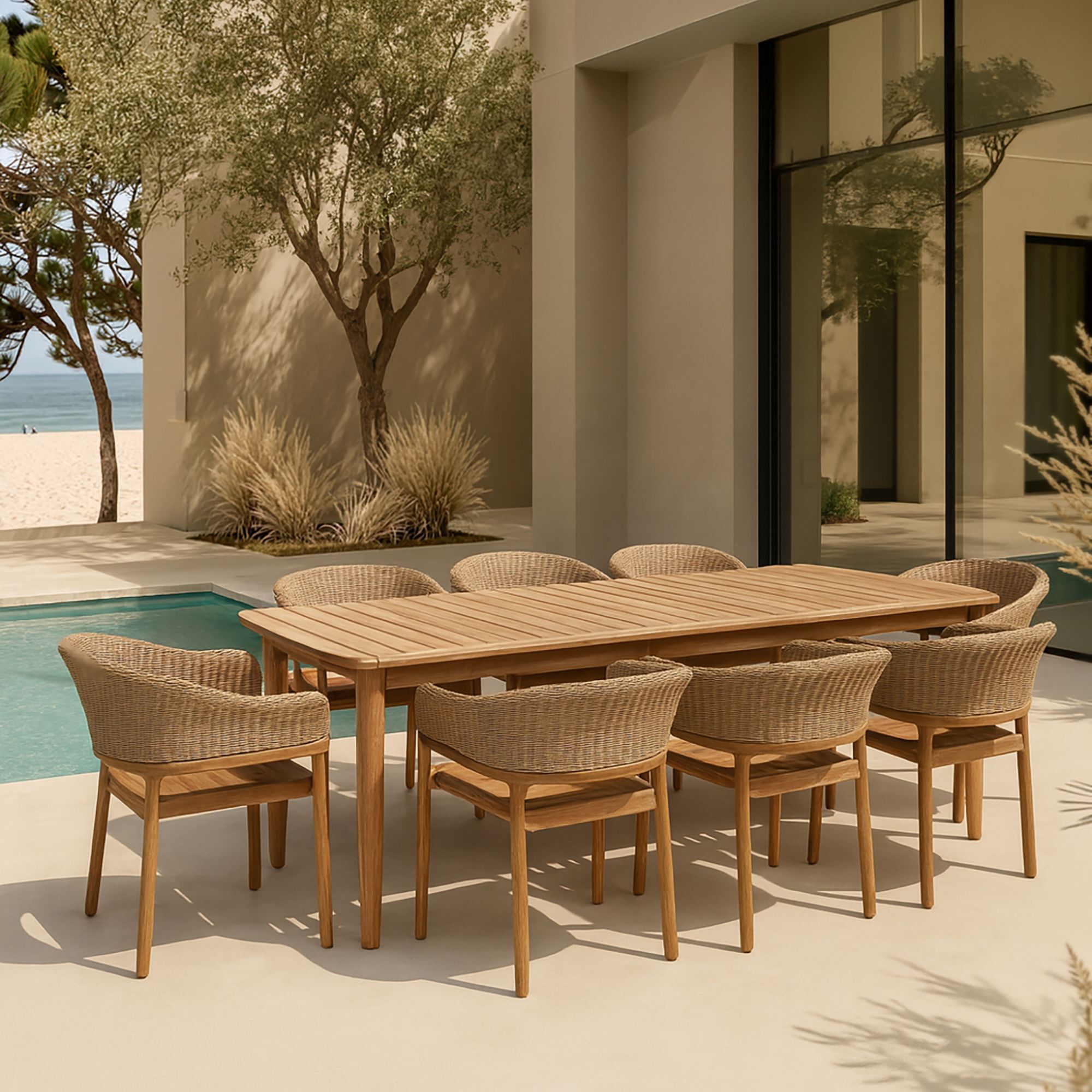 Ensemble table et 8 fauteuils de jardin en bois d'acacia et osier ALHAMBRA