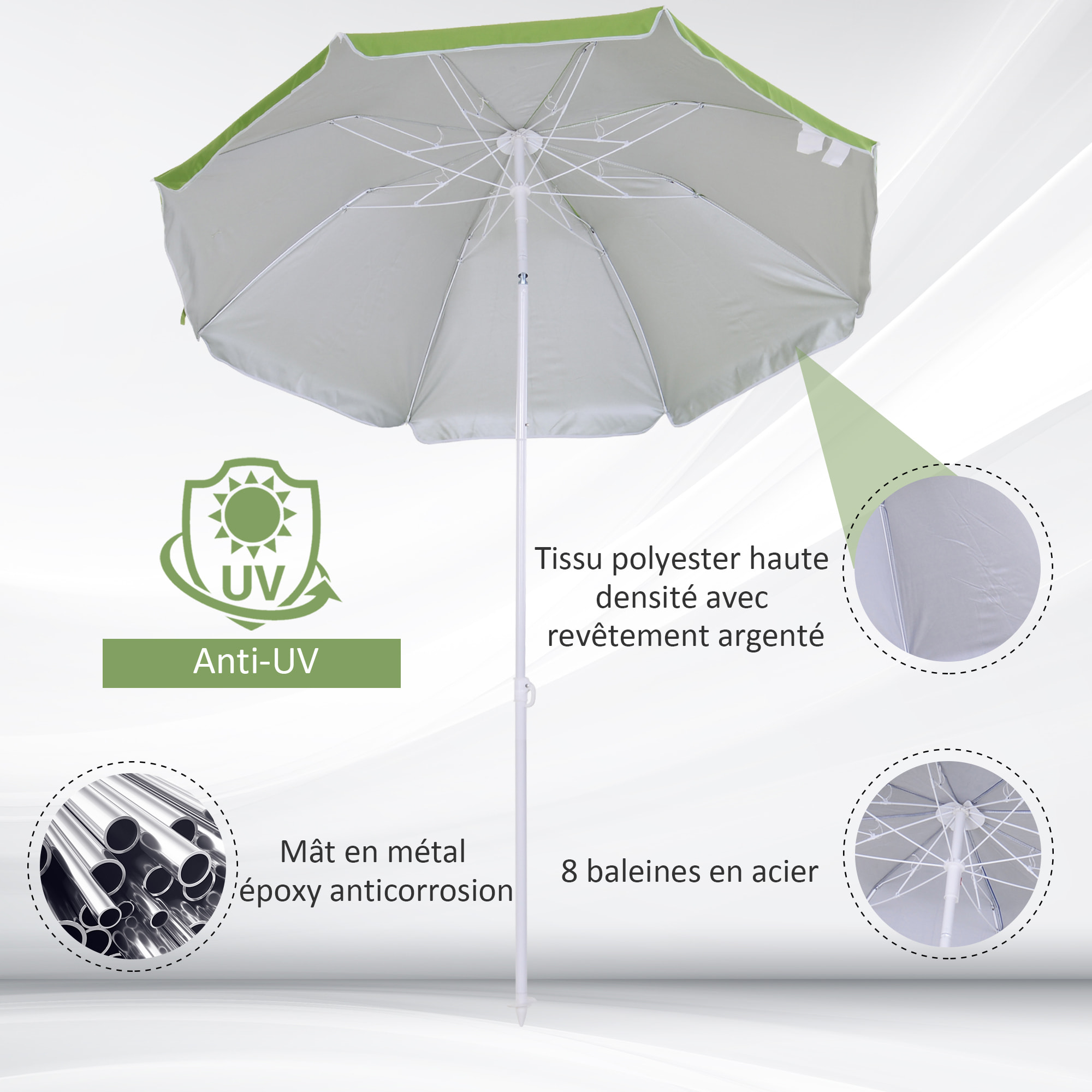 Parasol inclinable octogonal de plage Ø 150 cm tissu polyester haute densité anti-UV mât démontable sac de transport inclus vert