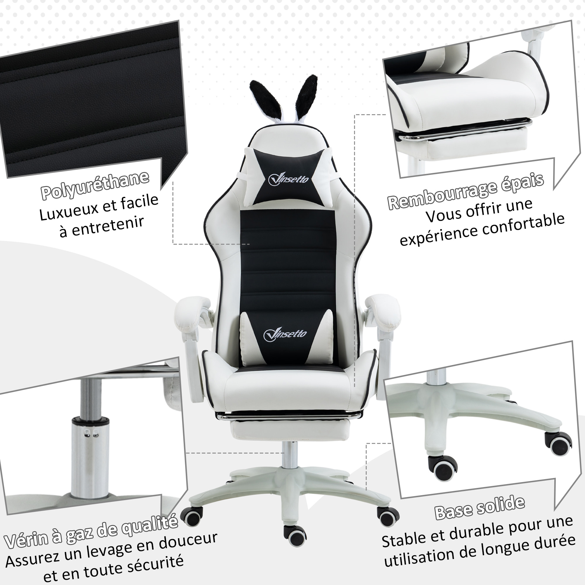 Chaise gaming fauteuil gamer inclinable réglable repose-pied rétractable oreilles de lapin amovibles noir blanc