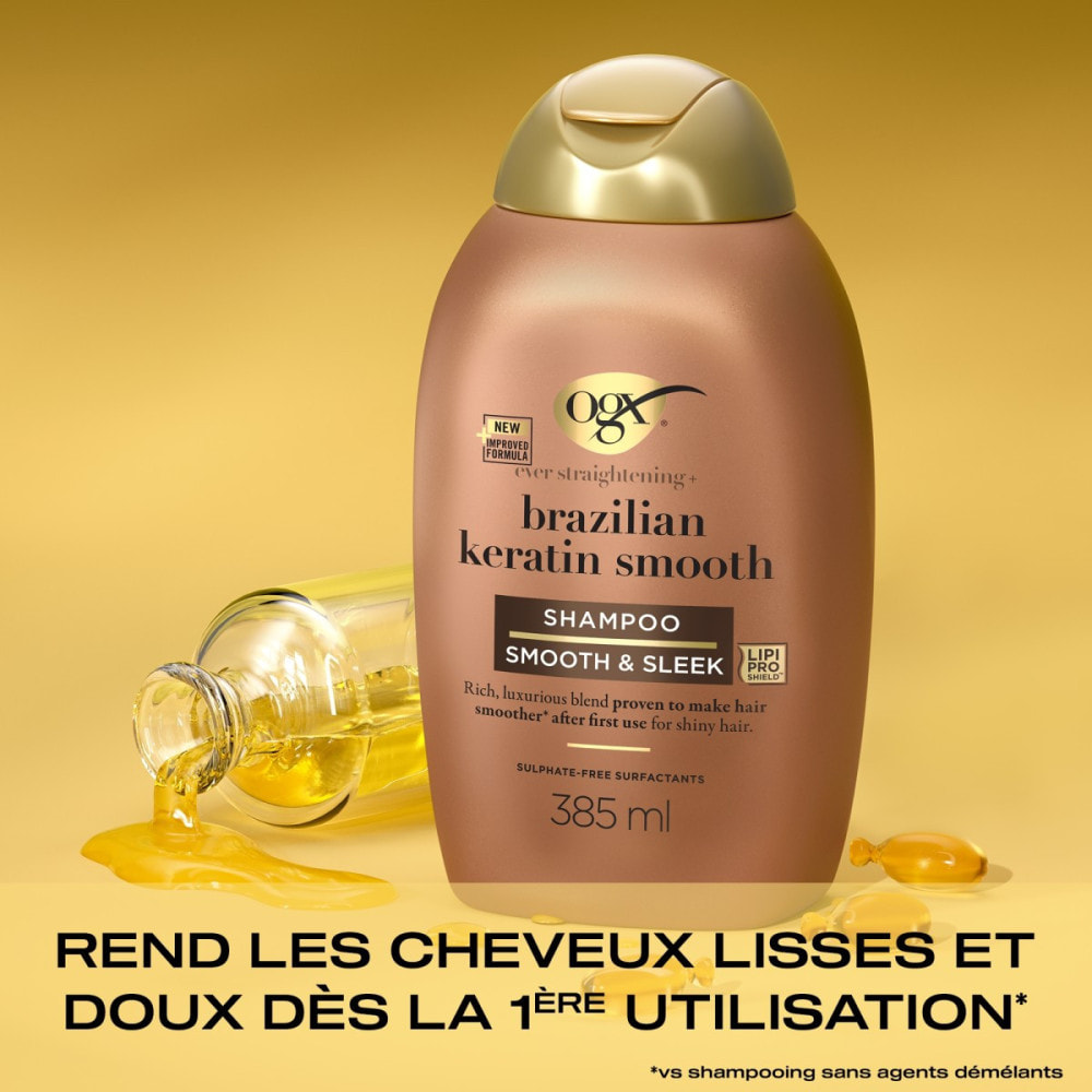 OGX Shampooing Kératine Lissage Brésilien, 385ml – Soin capillaire lissant à la kératine pour des cheveux brillants – Shampoing