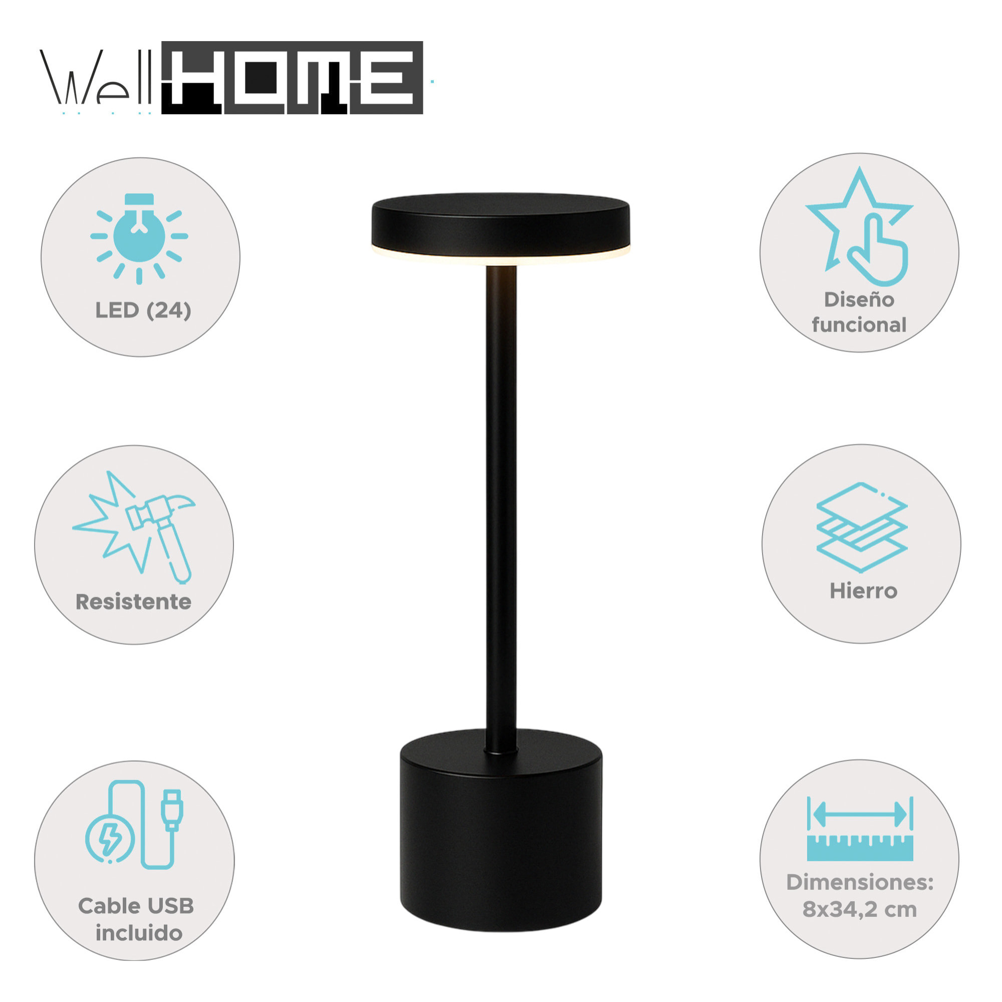 Well Home Lámpara de Mesa color Negro con 24 luces LED blanco cálido con 3 modos de iluminación Ø8x34,2cm