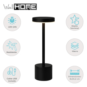 Well Home Lámpara de Mesa color Negro con 24 luces LED blanco cálido con 3 modos de iluminación Ø8x34,2cm