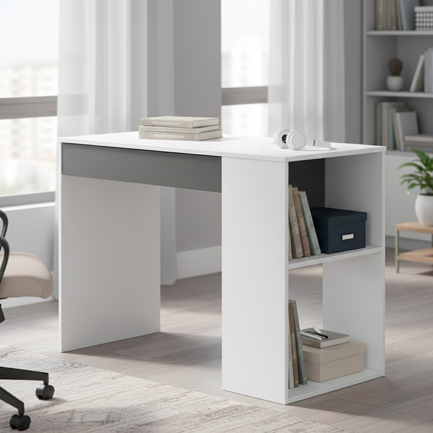 Scrivania Da Lavoro Per Computer Desk Con Cassetto Reversibile Design Moderno Ufficio Home Office Casa 73 x 101 x 50 Cm Bianco e Grigio Antracite