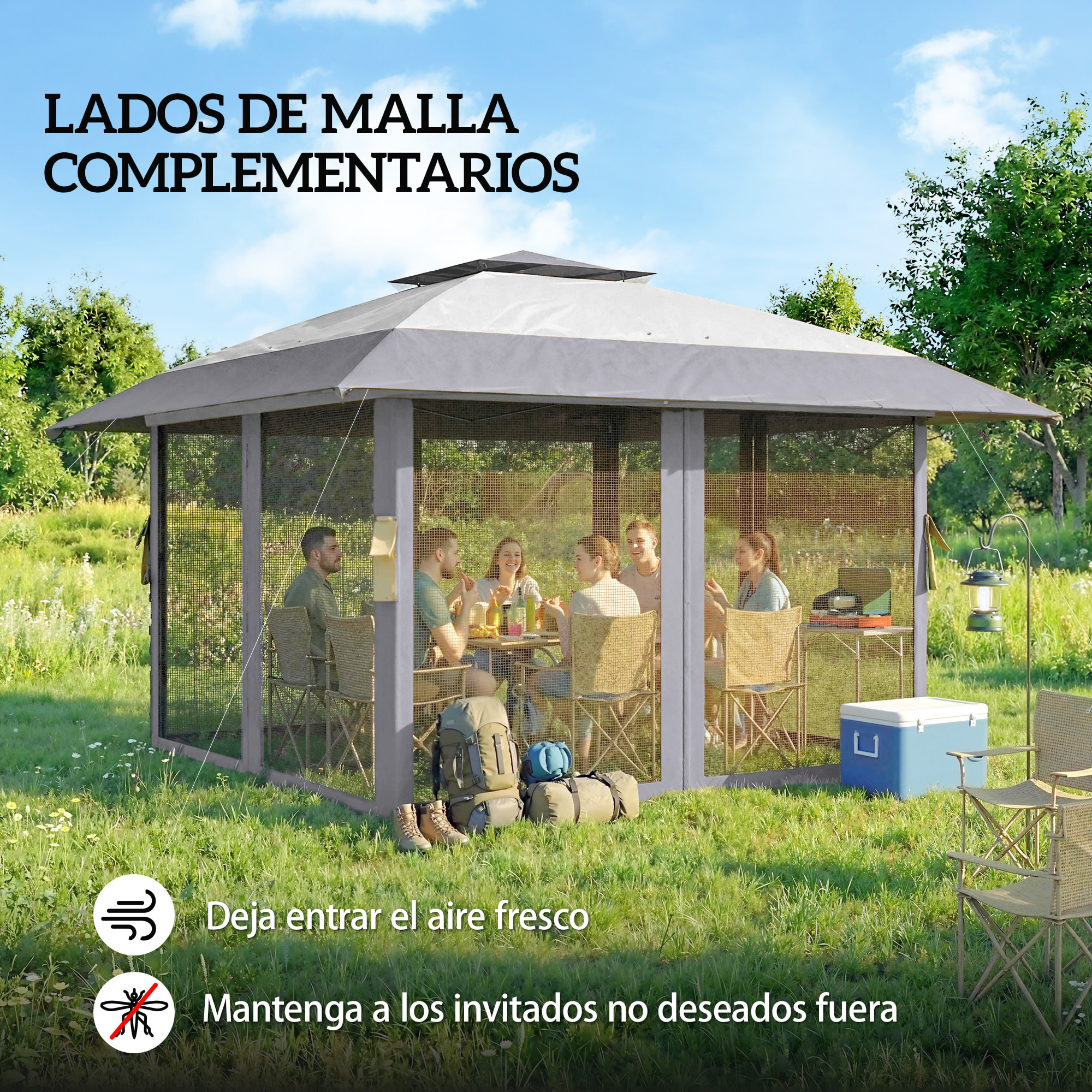 Carpa Plegable 4x4 m, Pop-up, con Doble Techo, 4 Paredes Laterales de Malla, Cenador de Jardín con Altura Ajustable 3 Niveles, Bolsa de Transporte, UPF30+, Gazebo para Camping, Fiestas, Gris