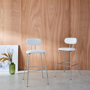 2 tabourets de bar décor bois courbé teinté noyer et tissu déperlant blanc. pieds métal chromé - L 44 x P 51 x H 103cm - Erin