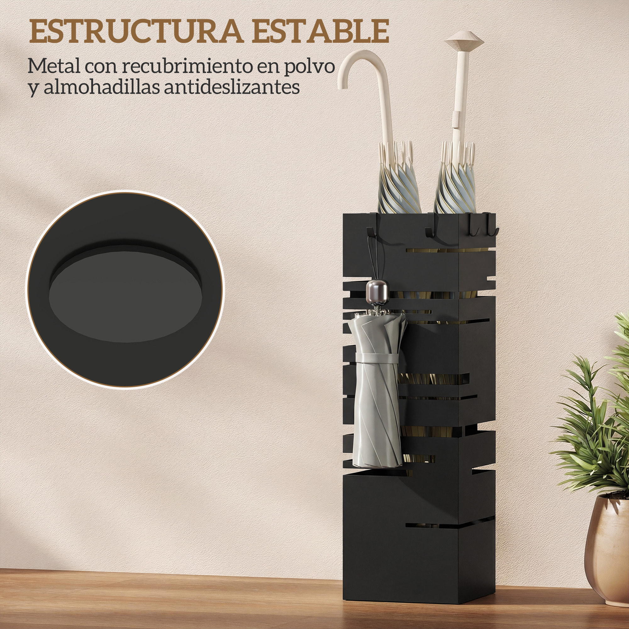 ParagÃƒÂ¼ero Metálico, Soporte de Paraguas con 4 Ganchos y Bandeja de Goteo Extraíble, ParagÃƒÂ¼ero Negro para Entrada, Oficina, 15,5x15,5x49 cm