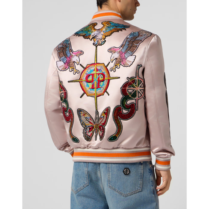 PHILIPP PLEIN Shiny Satin Bomber Tattoo Patches Strass