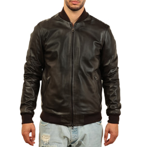 Giubbino in vera pelle di vitello foderato con trapunta invernale Marrone-Slim Fit