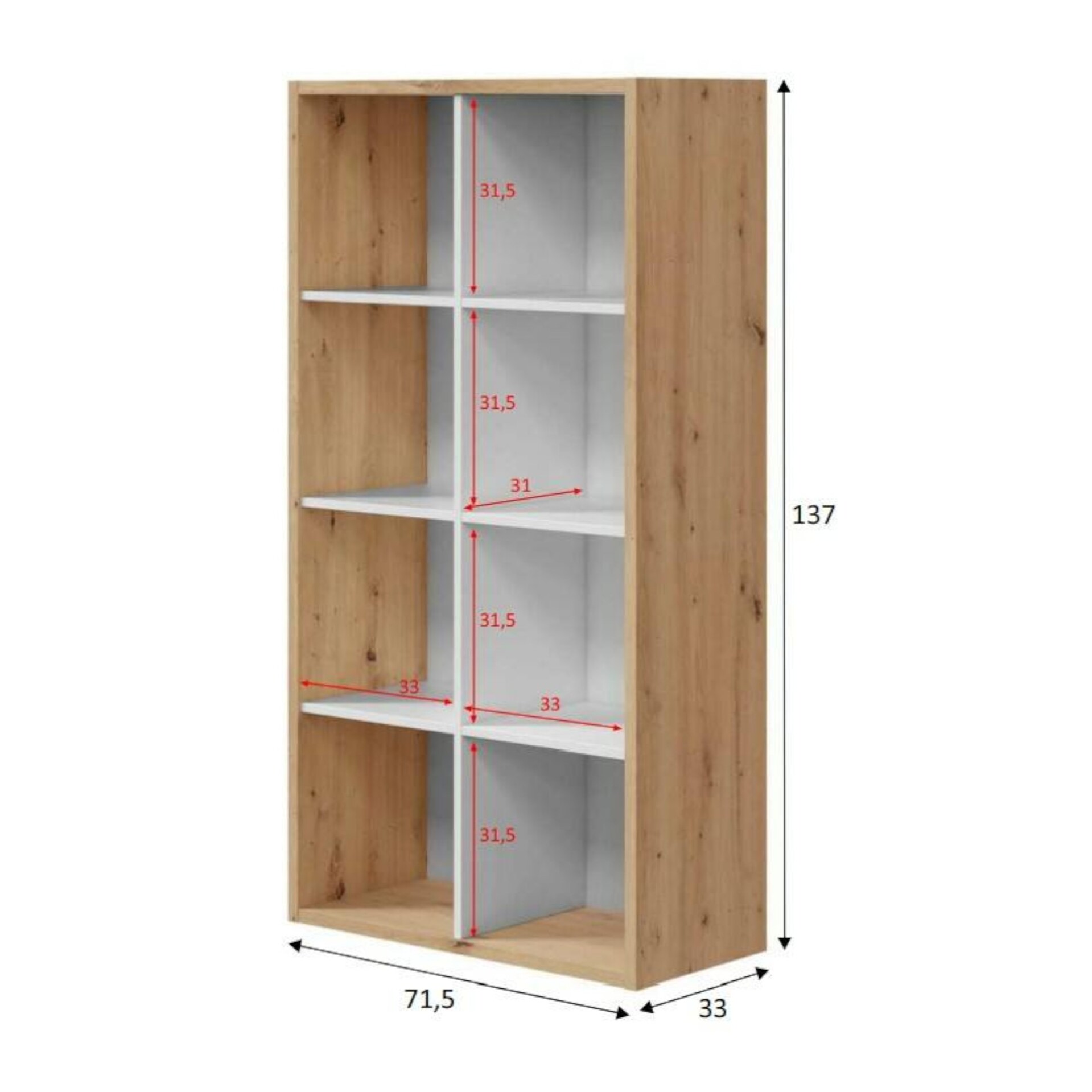 Libreria Sacramento, Mobile portalibri reversibile con 8 scomparti, Mobile Porta tv multiposizione, cm 72x33h137, Rovere effetto nodi e Bianco