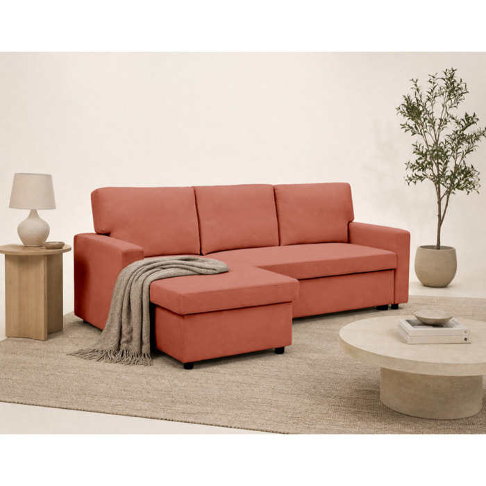Meiya - canapé d'angle réversible 4 places convertible avec coffre en tissu - Terracotta