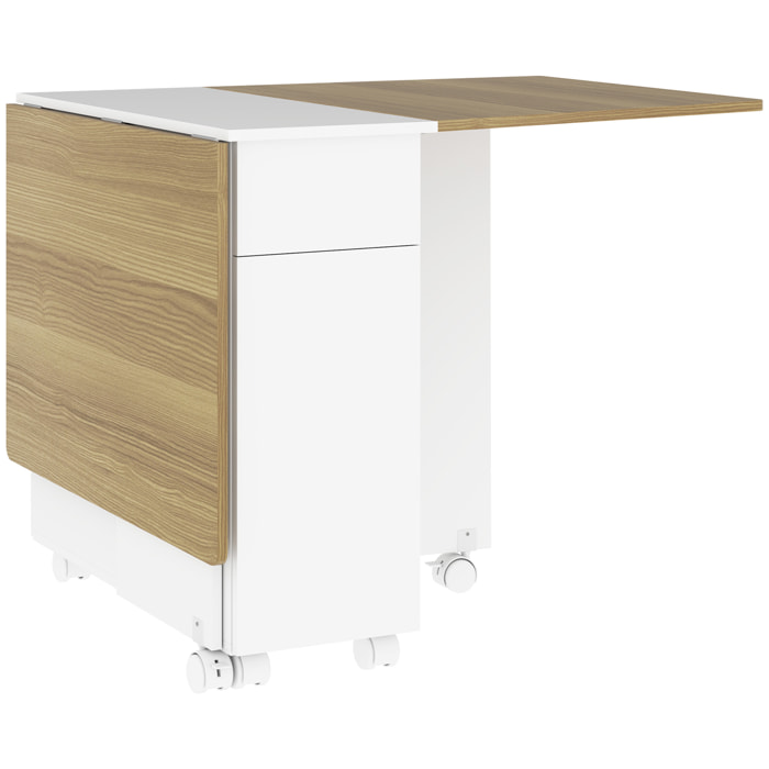 Table de cuisine rabattable - table à manger pliable 4-6 personnes - 2 tiroirs, placard - blanc effet bois