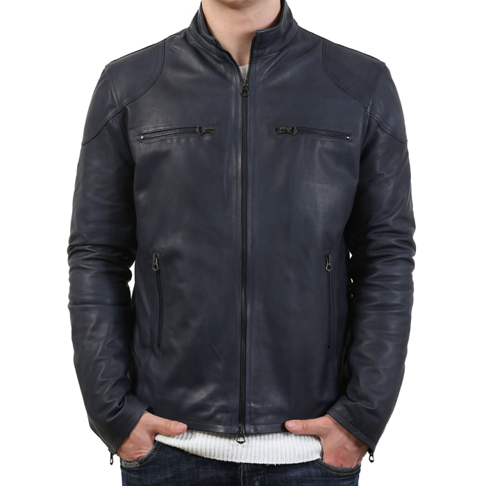 Giubbino in pelle di vitello tamponato Blu-Slim Fit