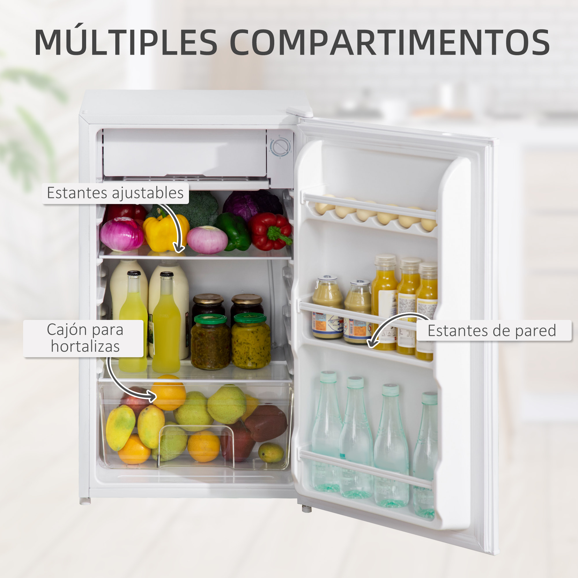 Nevera Pequeña 91 L con Congelador, Mini Frigorífico Silenciosa, Frigorífico Pequeño Bajo Encimera con Temperatura Regulable 5 Niveles, Puerta Reversible y Estantes Ajustables, Blanco