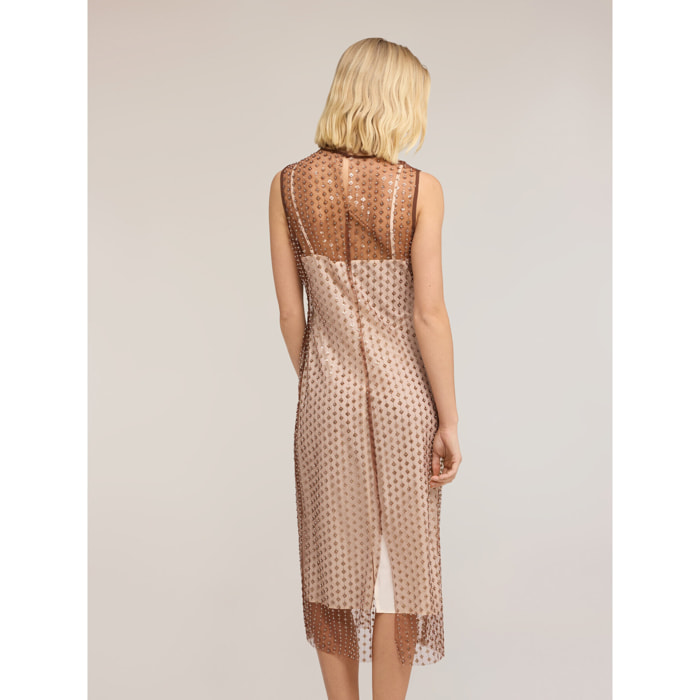 Motivi - Vestido tubo de tul bordado - Beige