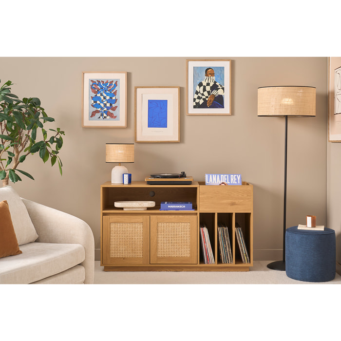 Pouf rond en tissu effet velours texturé bleu foncé D40 cm PAUL