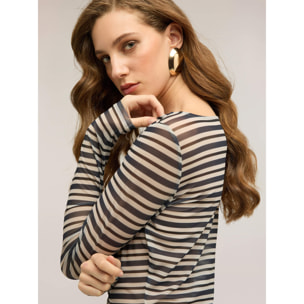 Motivi - T-shirt in tulle a righe con drappeggio - Blu