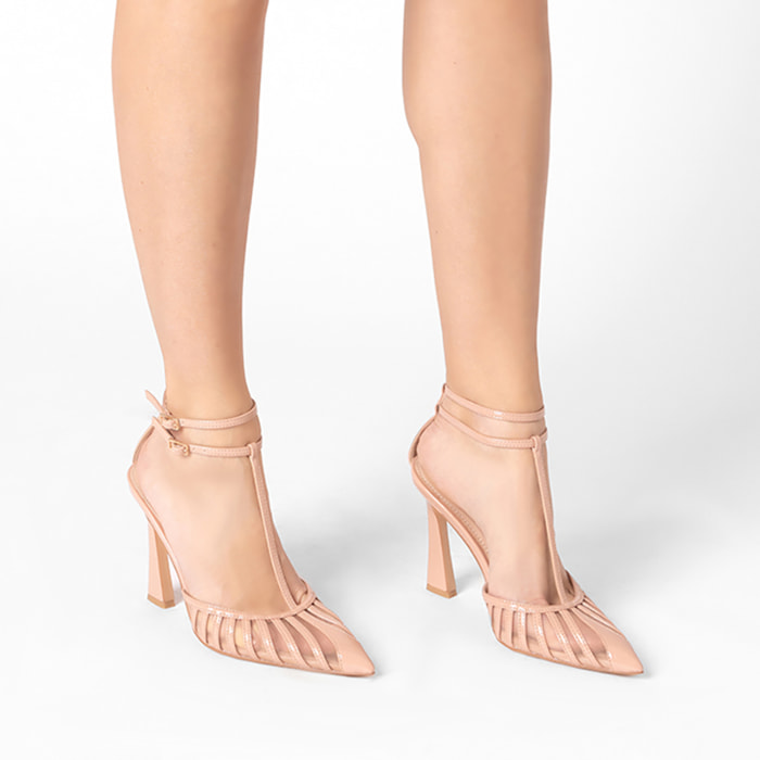Décolleté slingback donna nude con T bar, tacco 9,5 cm