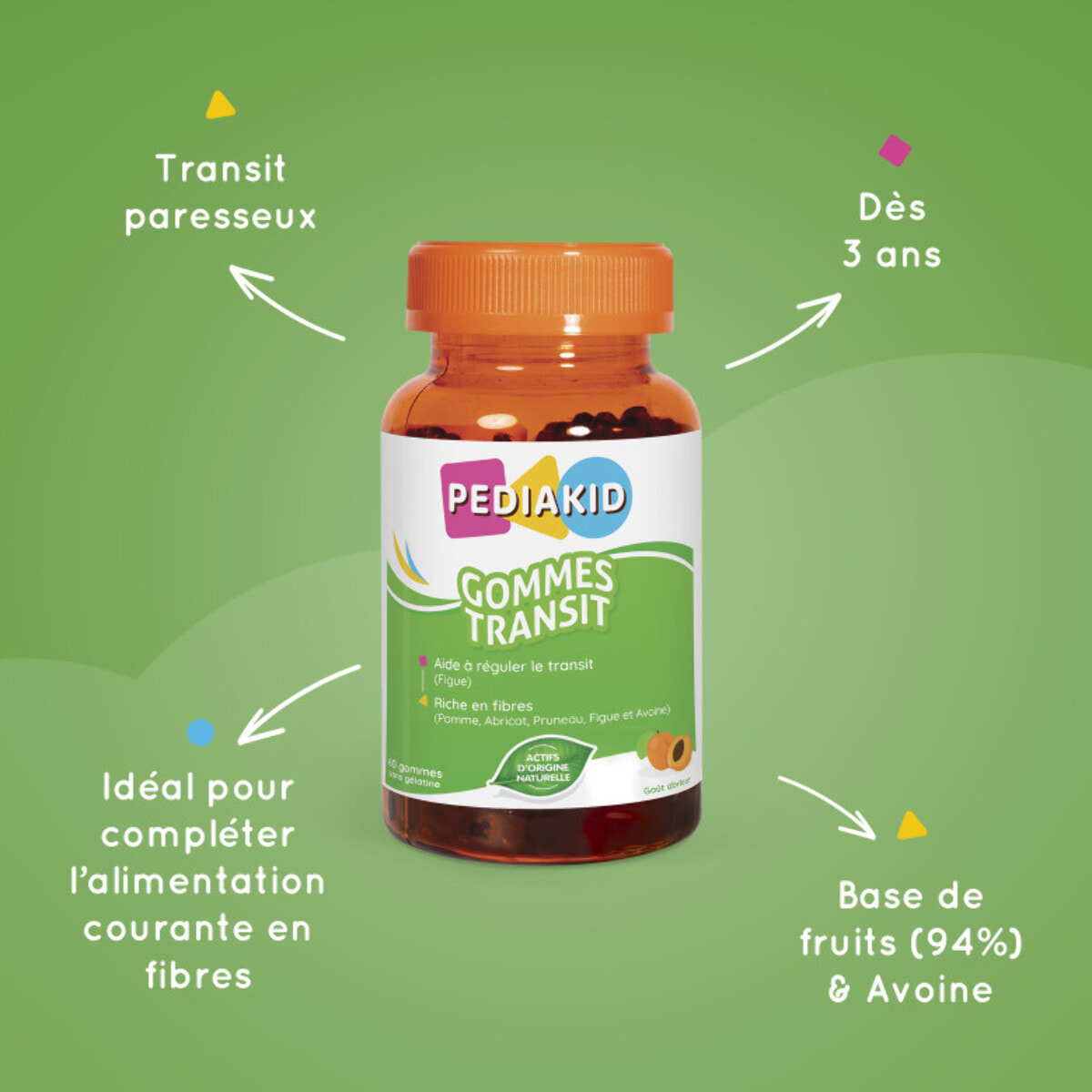 PEDIAKID - Gommes Transit - Complément alimentaire à base de fruits et d'Avoine - Riche en fibres - Aide à réguler le transit intestinal - Arôme naturel abricot - 60 gommes - Lot de 3