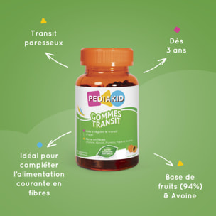 PEDIAKID - Gommes Transit - Complément alimentaire à base de fruits et d'Avoine - Riche en fibres - Aide à réguler le transit intestinal - Arôme naturel abricot - 60 gommes - Lot de 3