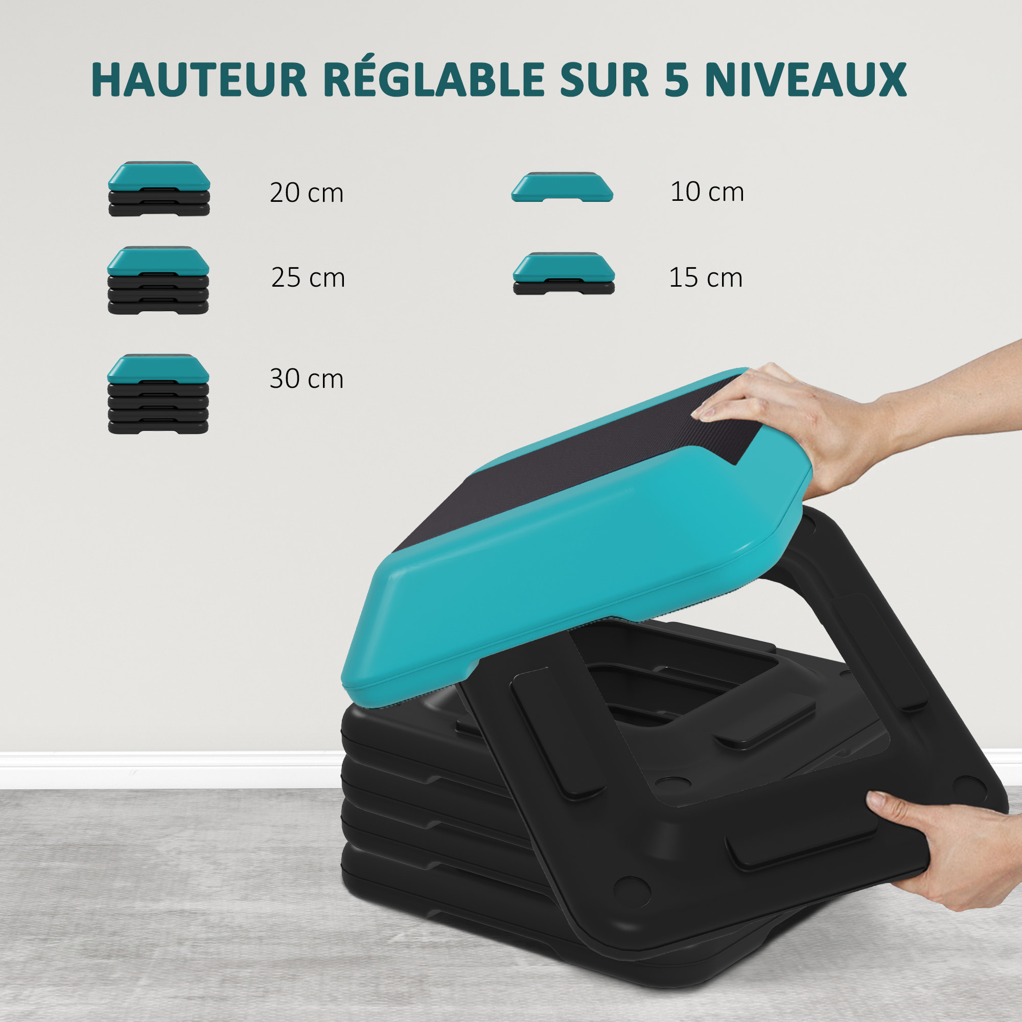 Stepper aerobic fitness réglable 5 niveaux H.10/15/20/25/30 cm max. 150 Kg turquoise noir