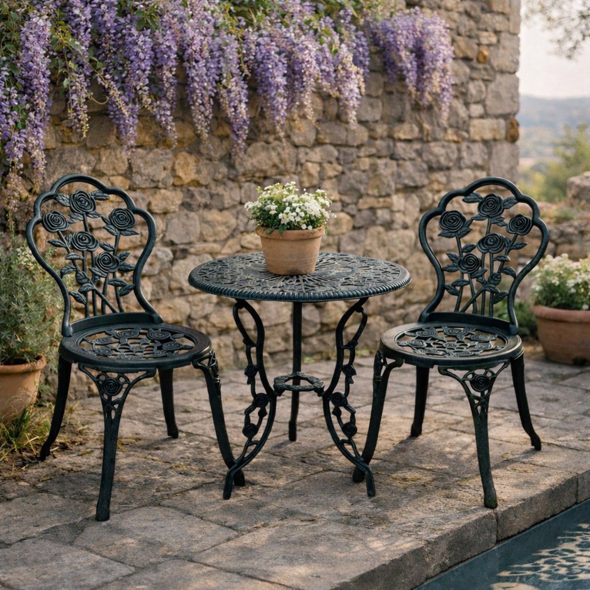 Salon de jardin 2 places – Style néo-rétro – Table ronde incluse