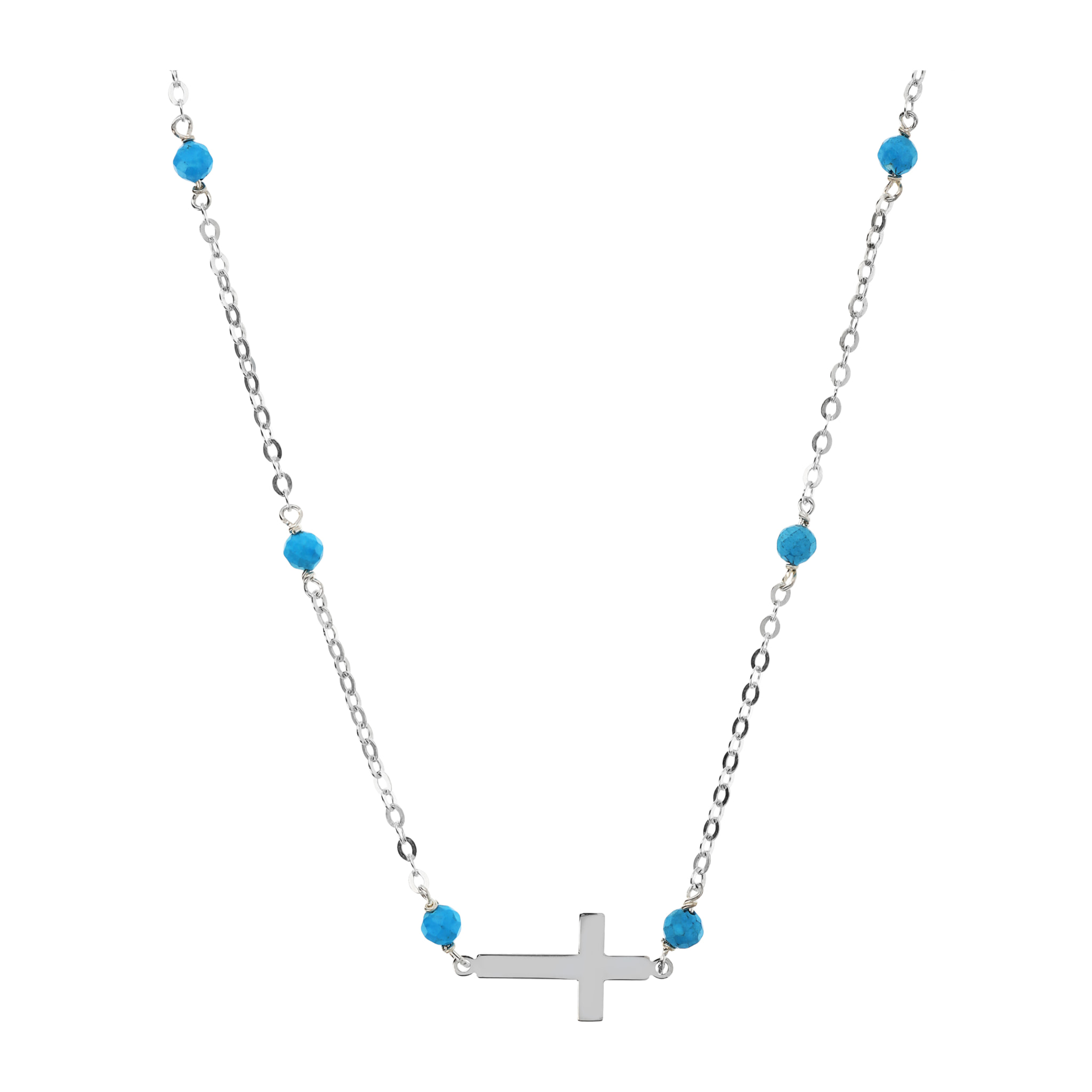 Collana Catena Rolo con Howlite Turchese e Pendente Croce Argentato in Argento 925 placcato Rodio