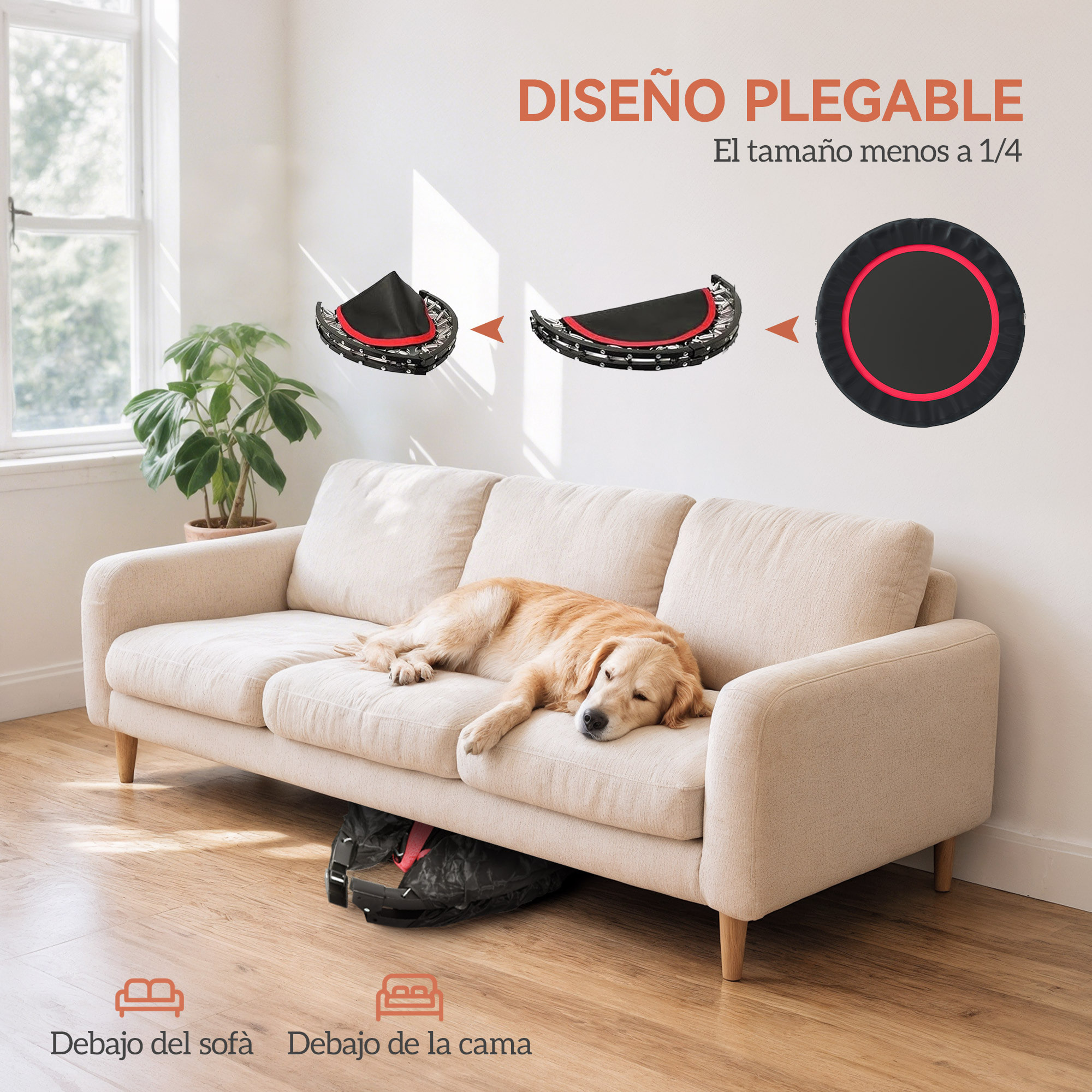 Trampolín de Fitness Adultos Ø102 cm, Cama Elástica Plegable con Mango Ajustable de 4 Niveles y Bandas, para Entrenamiento Piernas Cuerpo en Hogar Oficina Gimnasio Exterior, Carga 150 kg Rojo