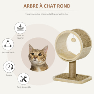 Arbre à chat rond style cosy chic griffoir grattoirs sisal jeu suspendu souris niche avec coussin cordes d'algues tressées peluche courte beige