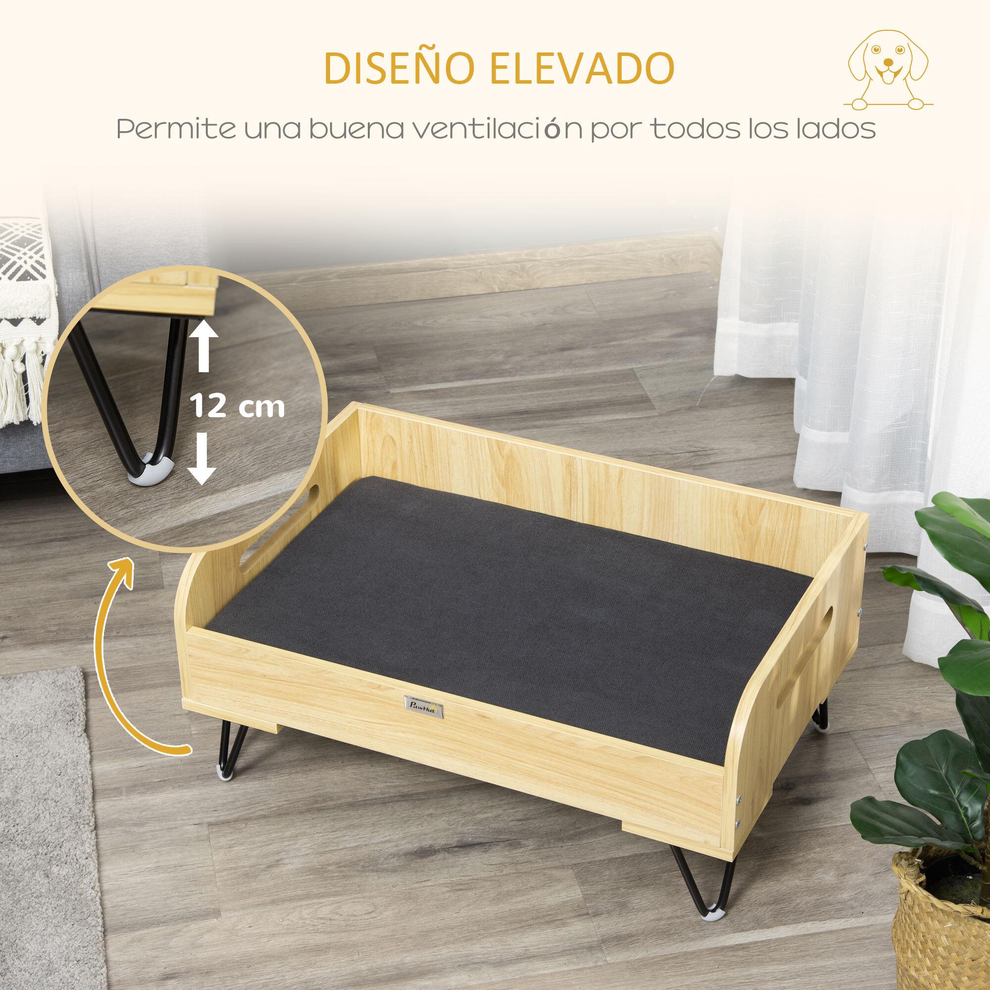 Cama de Madera para Perros Gatos Cama Cesta para Mascotas Pequeñas con Cojín Acolchado Asas y Patas de Acero 70x45x32 cm Roble y Negro