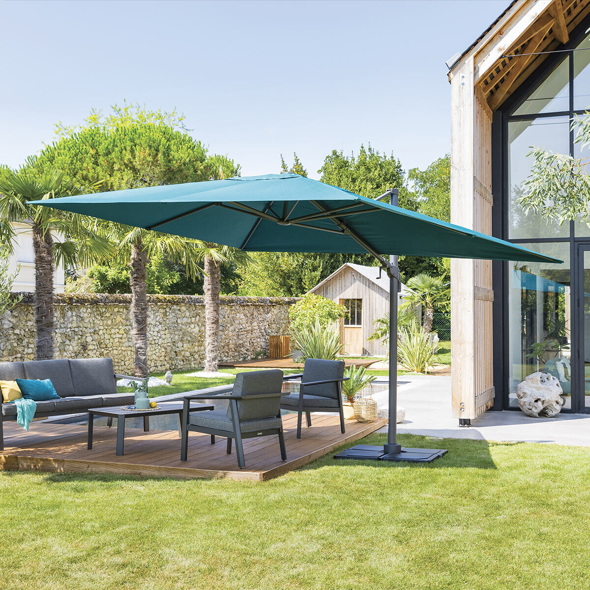 Parasol déporté rectangulaire inclinable Éléa Bleu canard