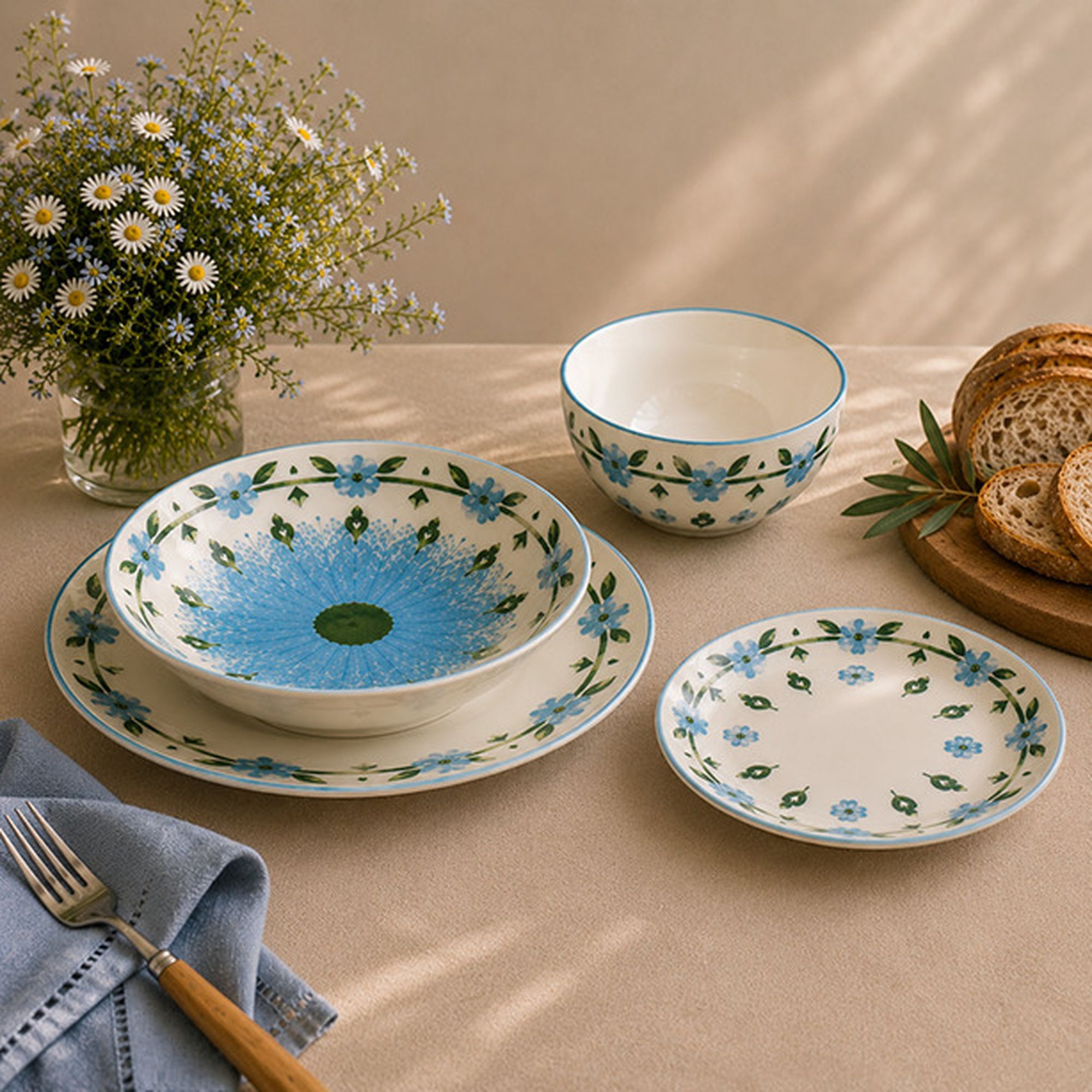 Lot de 6 assiettes plates 27cm en porcelaine blanc et bleu floral PRIMAVERA