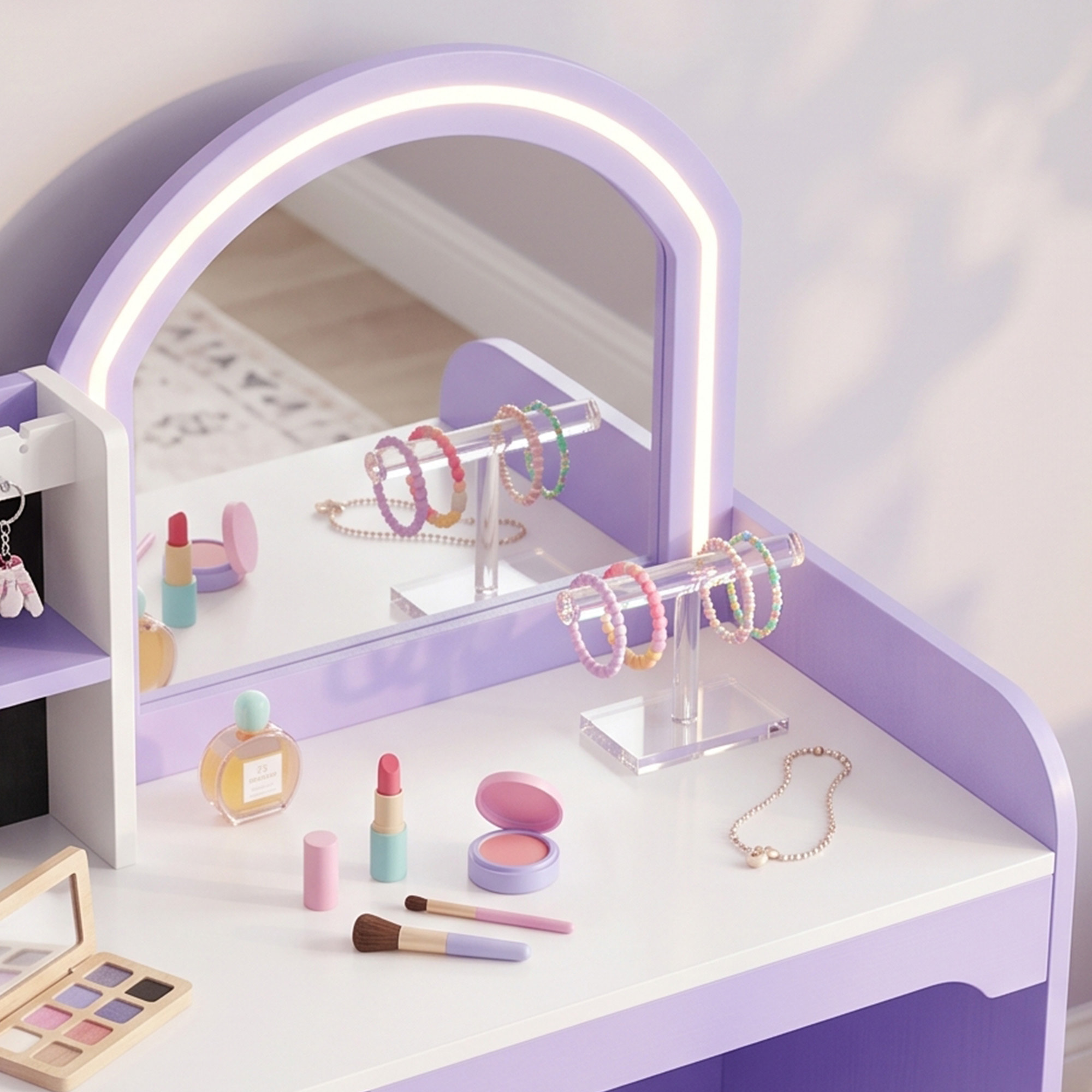 Coiffeuse enfant chaise miroir LED réglable multi-rangement violet