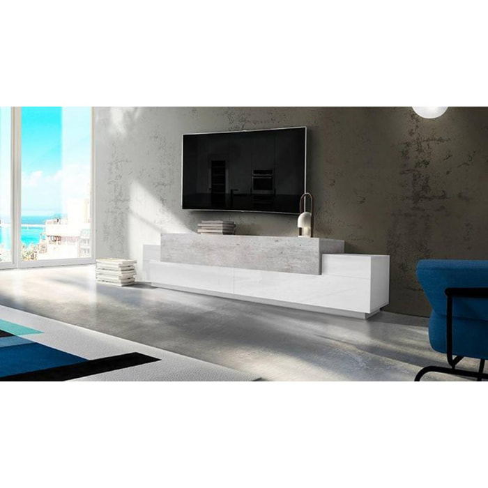 Mobile da soggiorno Porta TV, Made in Italy, Supporto per TV da salotto a 3 ante e ripiani, cm 240x45h52, colore Bianco lucido e Cemento