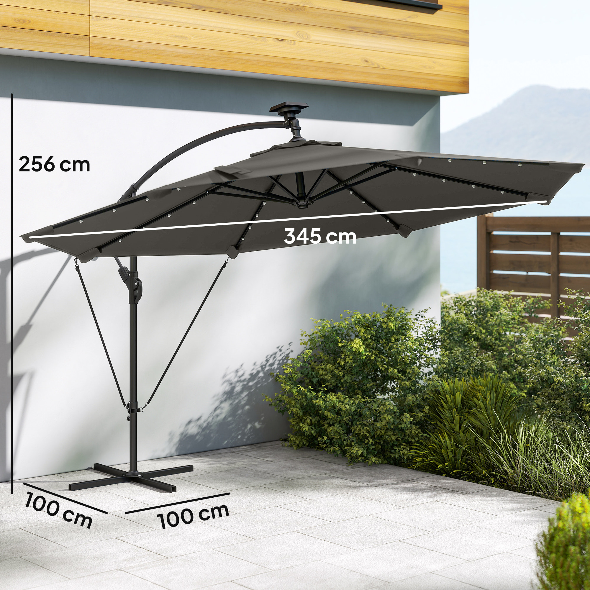 Parasol Excéntrico con Luces LED Solares, Ø345 cm, Sombrilla de Jardín de Aluminio con Base Cruzada, Manivela, Funda Protectora, Cuerdas de Viento, UPF50+, para Terraza, Patio, Gris Oscuro