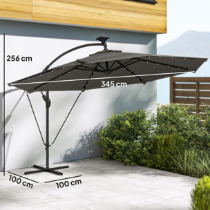 Parasol Excéntrico con Luces LED Solares, Ø345 cm, Sombrilla de Jardín de Aluminio con Base Cruzada, Manivela, Funda Protectora, Cuerdas de Viento, UPF50+, para Terraza, Patio, Gris Oscuro