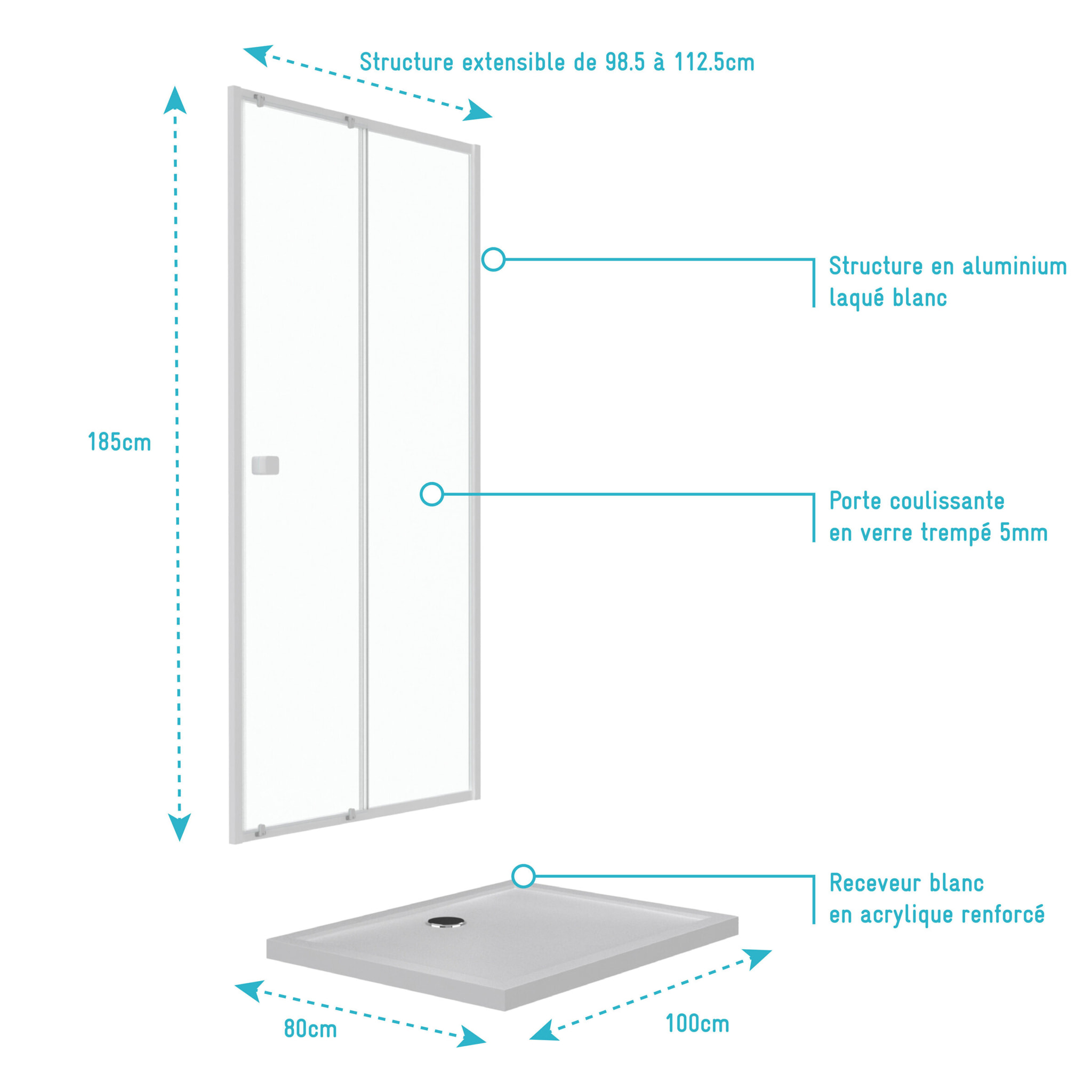 Pack porte de douche coulissante blanc 100x185cm + receveur 100x80 - WHITY SLIDE