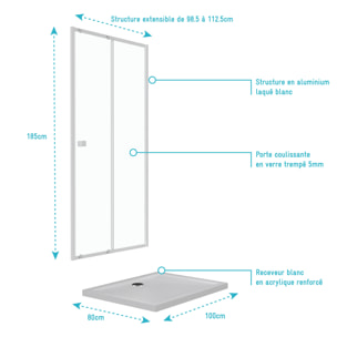 Pack porte de douche coulissante blanc 100x185cm + receveur 100x80 - WHITY SLIDE