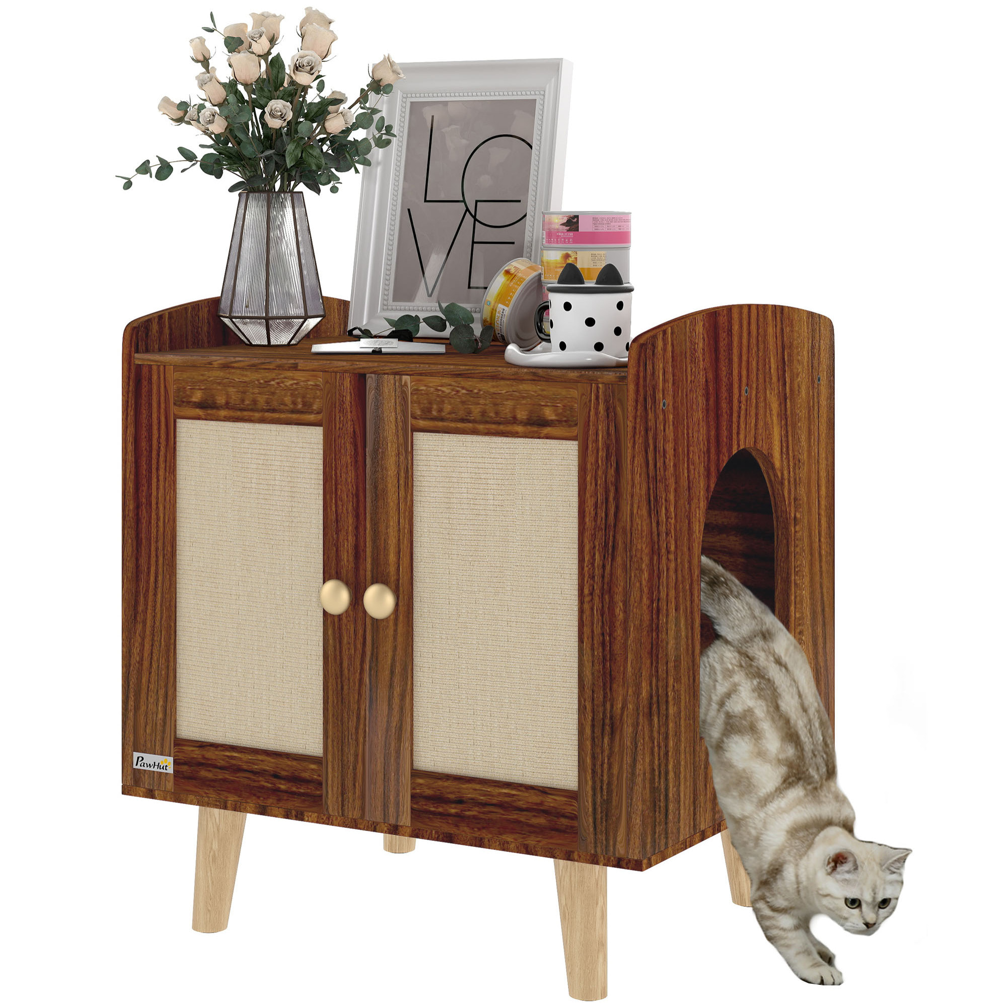 Mueble Arenero para Gatos Caja de Arena para Gatos Mesa Auxiliar con Puertas con Esteras de Sisal Patas de Madera para Salón Dormitorio 55x43x59,6 cm Marrón