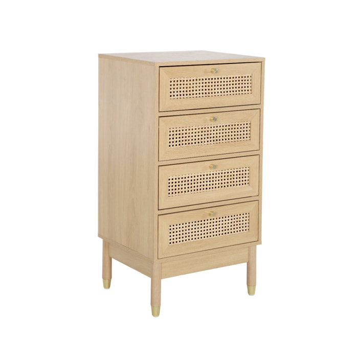 Commode chiffonnier décor bois et cannage 4 tiroirs teinte naturelle - 50 x 40 x 96 cm - Judith