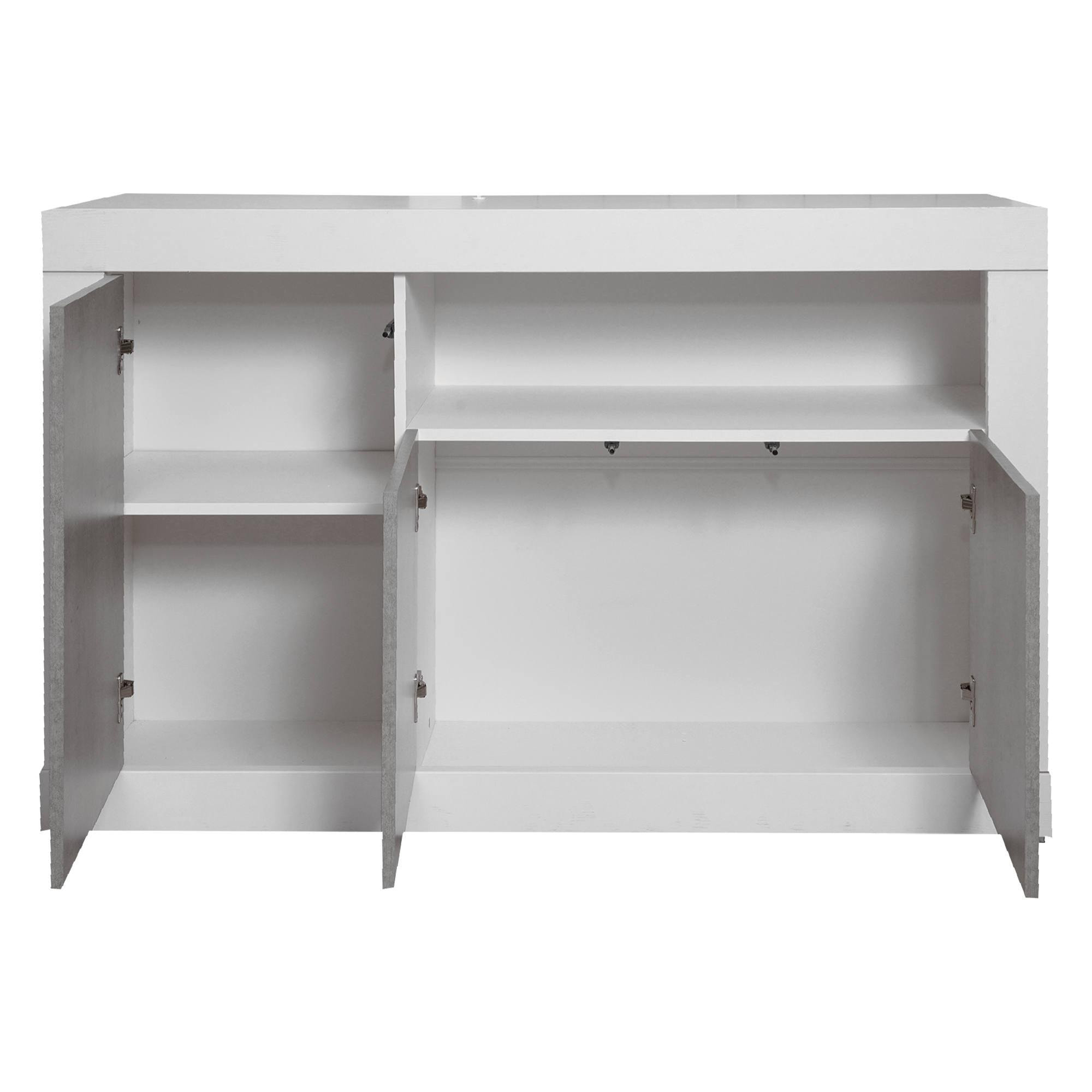 Credenza moderna a 3 ante, Buffet da cucina, Madia con scaffali e ripiani, Mobile da soggiorno Porta TV, cm 138x42xh86, colore Bianco e Cemento