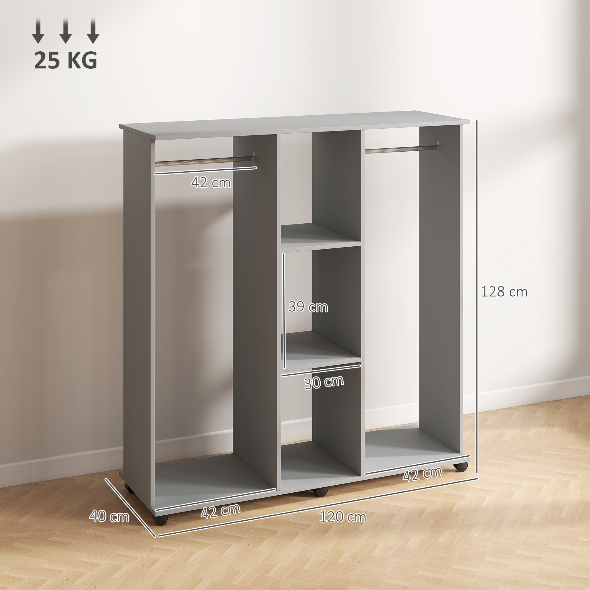 Armoire penderie meuble de rangement mobile 6 roulettes 120L x 40l x 128H cm panneaux de particules aspect bois gris