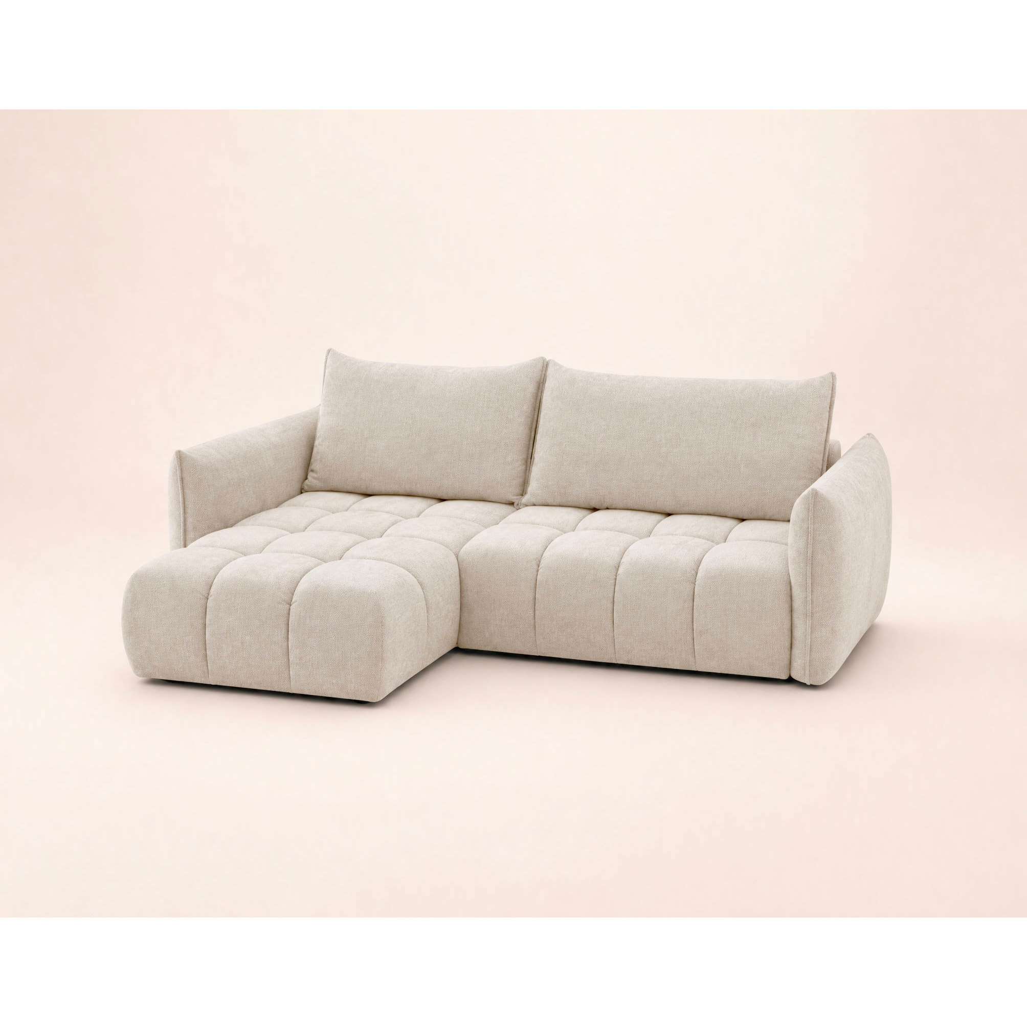 Ambroise - Canapé d'angle gauche 4 places convertible avec coffre en velours texturé - Beige