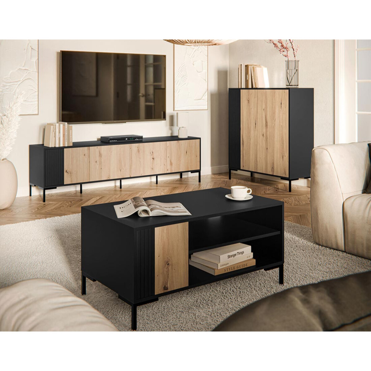 Cambridge - buffet haut - effet bois et noir - 2 portes - 129 cm - Bois / Noir