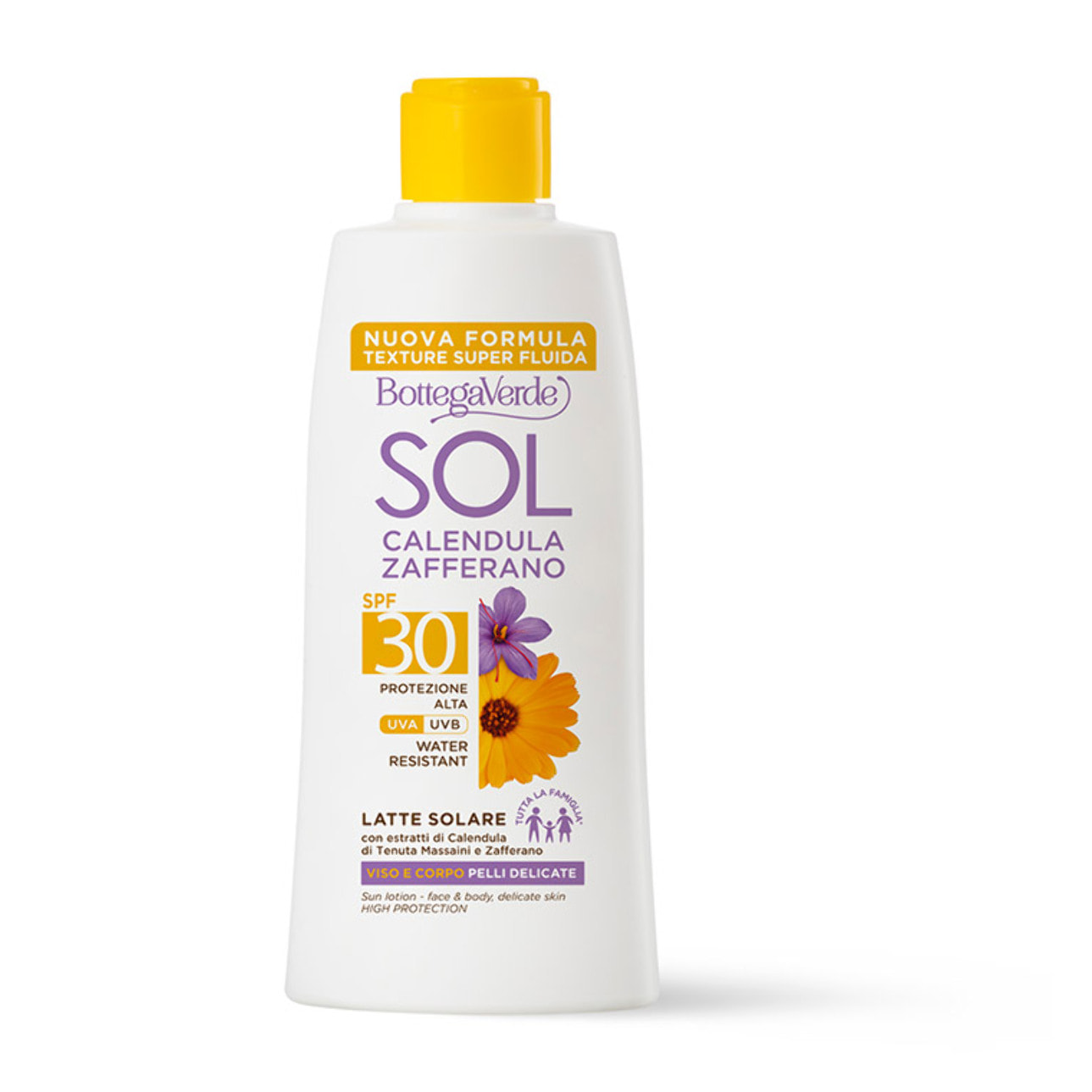 SOL Calendula Zafferano - Leche solar - cara y cuerpo - pieles delicadas - toda la familia* - con extractos de Caléndula de Tenuta Massaini y Azafrán - SPF30 protección alta (200 ml) - resistente al agua