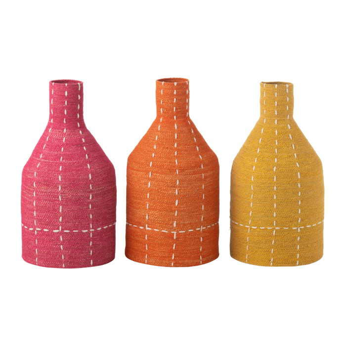 J-Line vase Bouteille Rayures Pointillés - rotin - rose/roange/jaune - 3 pièces
