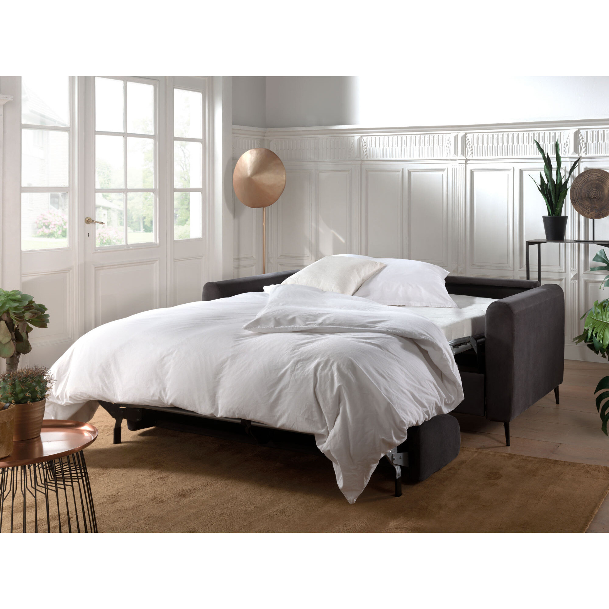 Owen - canapé lit 3 places convertible express couchage quotidien 140 cm matelas 12 cm en velours - Gris foncé