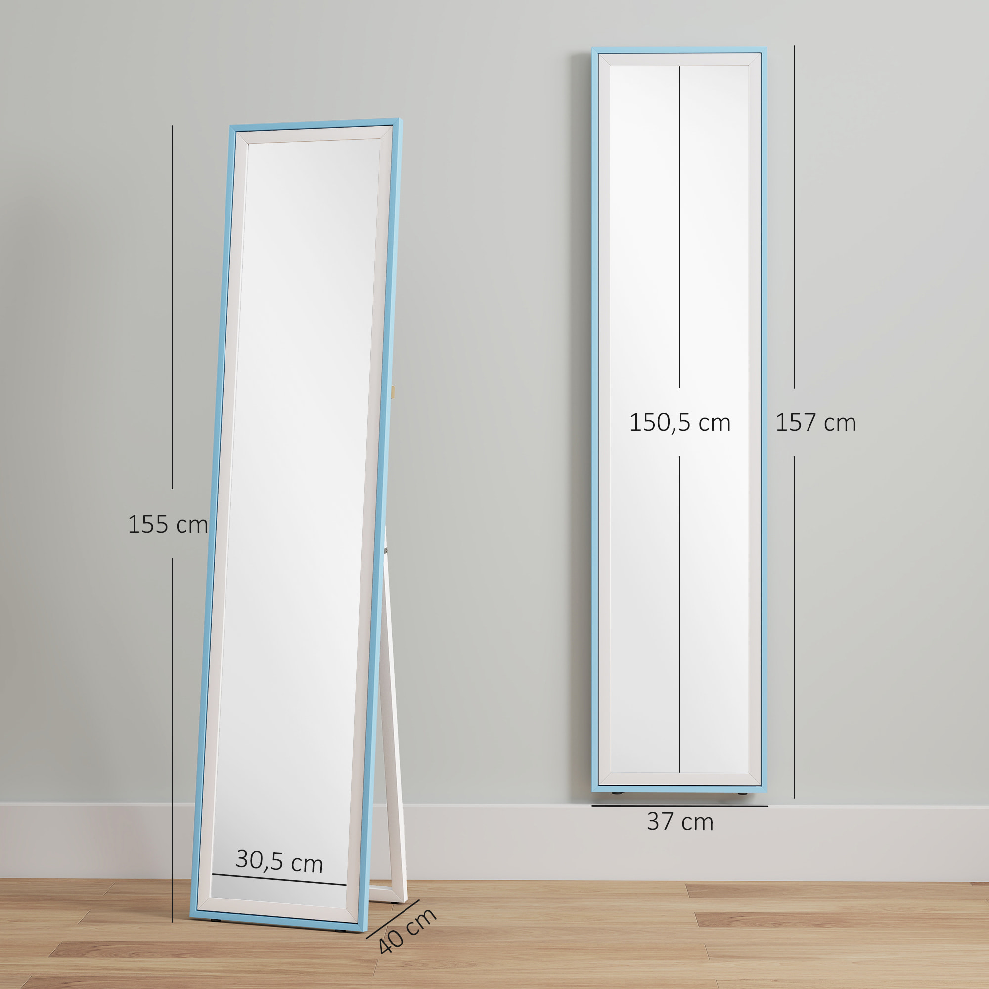 Espejo de Pie Cuerpo Entero 157x37 cm, Espejo Grande de Pared con Marco Bicolor, de Pie, Inclinado o Colgante, para Salón, Dormitorio, Pasillo, Entrada, Blanco y Azul